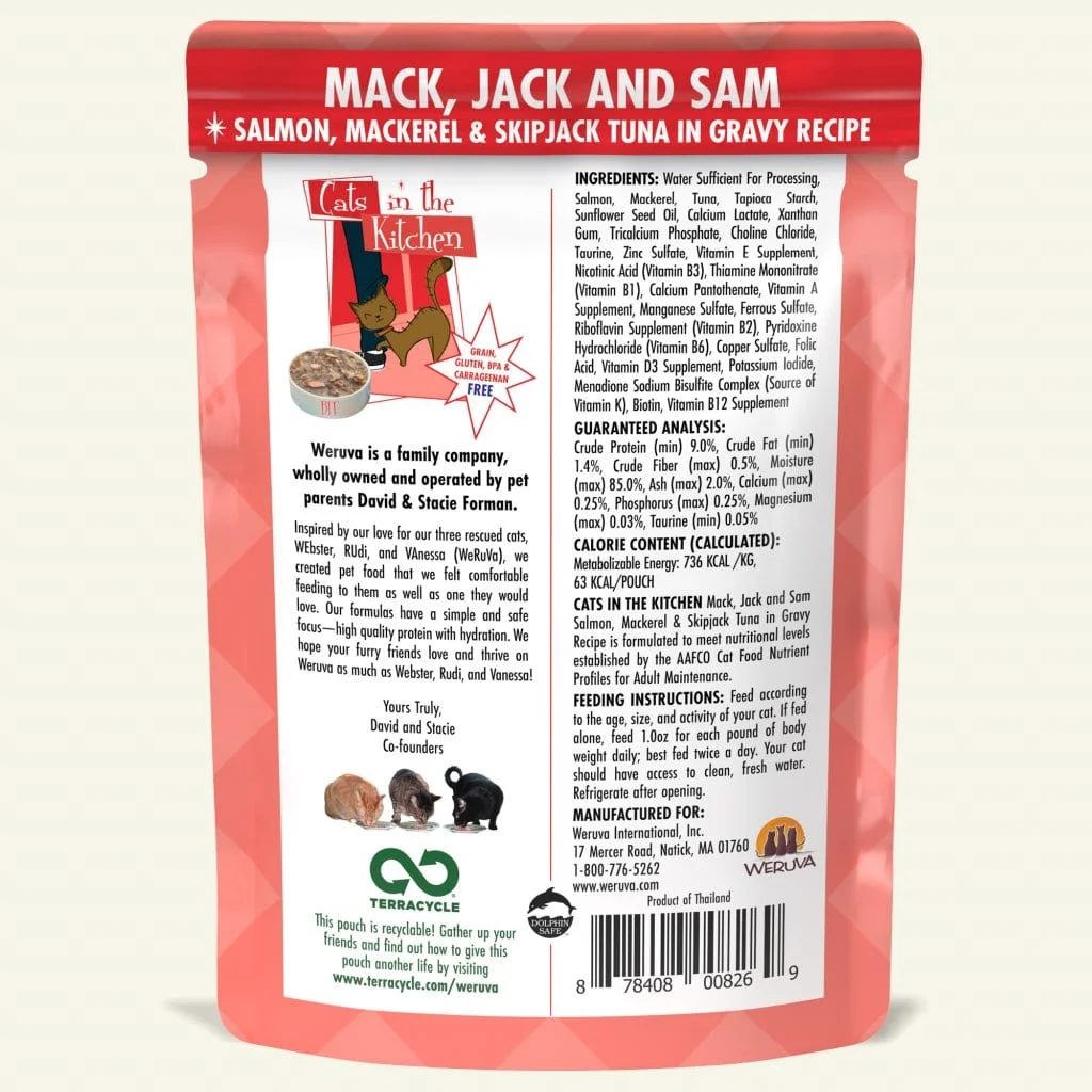 Weruva Cats in the Kitchen Mack, Jack & Sam, Salmon, Mackerel & Skipjack Tuna in Gravy Wet Cat Food, 85 g - Image 2