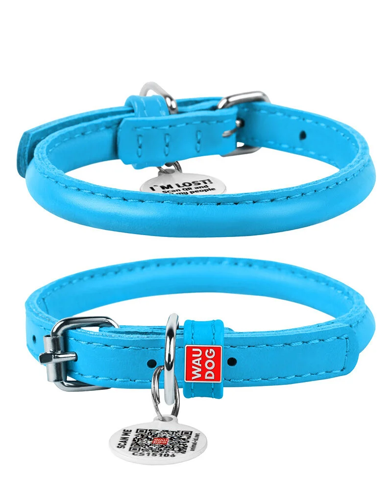 Waudog Glamour Leather Cat Collar with QR Tag, Blue, 22 to 30 cm