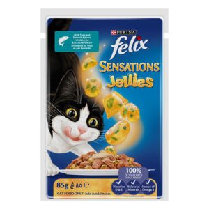 Felix Sensations Jellies طعام قطط رطب بالتونة والسبانخ في الجيلي، 85 جرام