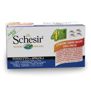 Schesir Multipack Tuna with Seabass Wet Dog Food, Pack of 4 x 85g