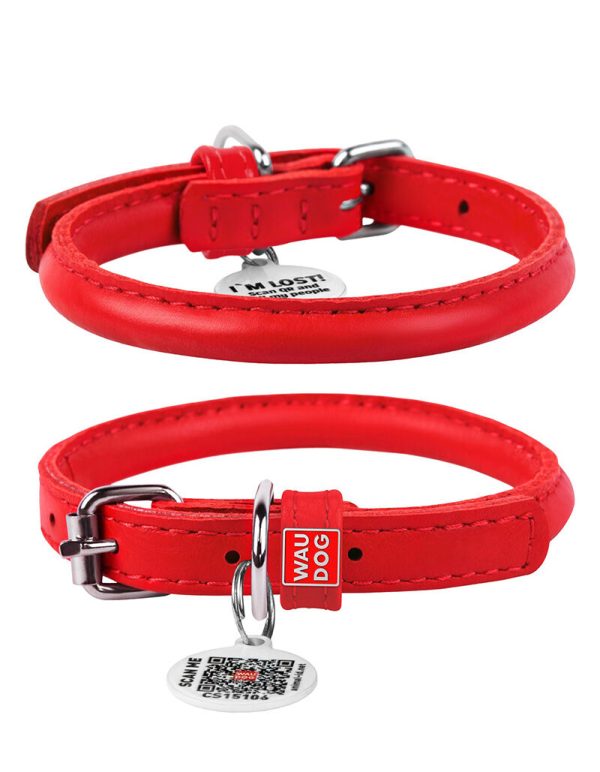 Waudog Glamour Leather Cat Collar with QR Tag, Red, 22 to 30 cm