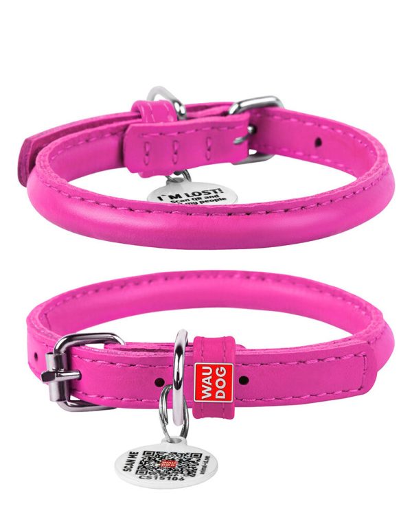 Waudog Glamour Leather Cat Collar with QR Tag, Pink, 22 to 30 cm