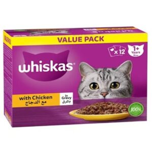 Whiskas طعام القطط الرطب بالدجاج في المرق، عبوة اقتصادية 80 جرام (عبوة من 12 قطعة)