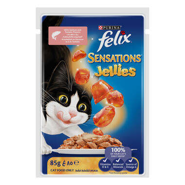 Felix Sensations Jellies طعام القطط الرطب بالسلمون والطماطم في الجيلي، 85 جرام