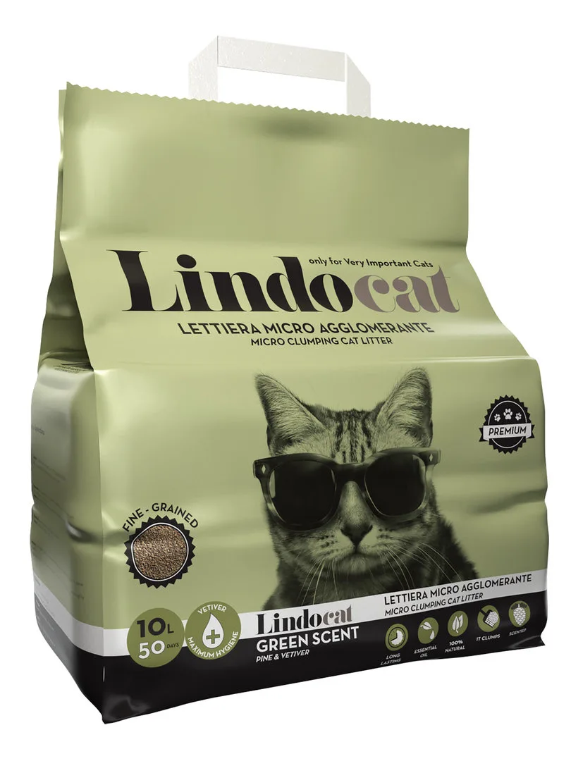 رمل قطط بنتونايت من Lindocat برائحة Green Scent (رائحة الصنوبر والفيتيفر)، 5 لتر